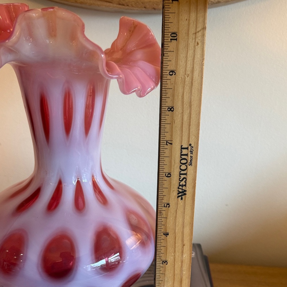 Fenton Cranberry Opalescent Coin Dot Ruffled Vase - Picture 3 of 5